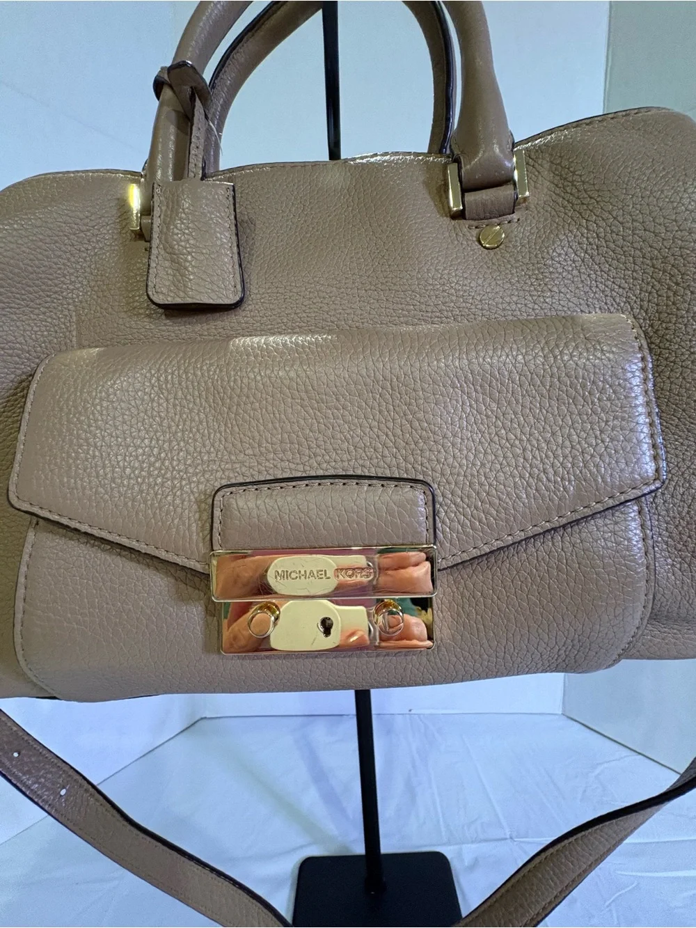 Michael Kors Taupe Pebbled Leather Shoulder Tote with Gold Hardware